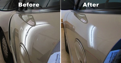 a side by side example of dent repair at Doug's Custom in Mitchell, SD